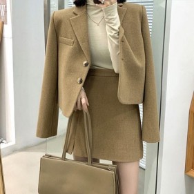 캐주얼 카라넥 심플 크롭 모직 자켓 + 심플 A라인 미니 스커트 세트 6265130